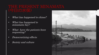 • What has happened to chisso?
• What has happened to
minamata bay?
• What have the patients been
requesting?
• Democratizing effects
• Society and culture
THE PRESENT MINAMATA
(今日の水俣)
 