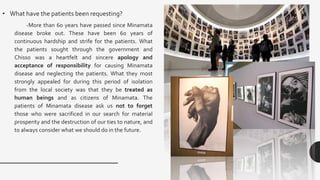 • What have the patients been requesting?
-More than 60 years have passed since Minamata
disease broke out. These have been 60 years of
continuous hardship and strife for the patients. What
the patients sought through the government and
Chisso was a heartfelt and sincere apology and
acceptance of responsibility for causing Minamata
disease and neglecting the patients. What they most
strongly appealed for during this period of isolation
from the local society was that they be treated as
human beings and as citizens of Minamata. The
patients of Minamata disease ask us not to forget
those who were sacrificed in our search for material
prosperity and the destruction of our ties to nature, and
to always consider what we should do in the future.
 