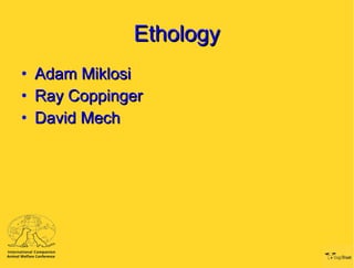 Ethology <ul><li>Adam Miklosi </li></ul><ul><li>Ray Coppinger </li></ul><ul><li>David Mech </li></ul>