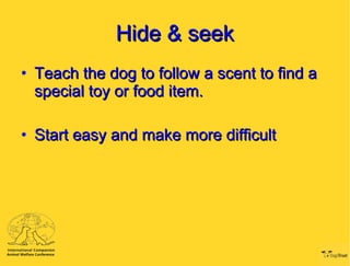 Hide & seek <ul><li>Teach the dog to follow a scent to find a special toy or food item. </li></ul><ul><li>Start easy and m...