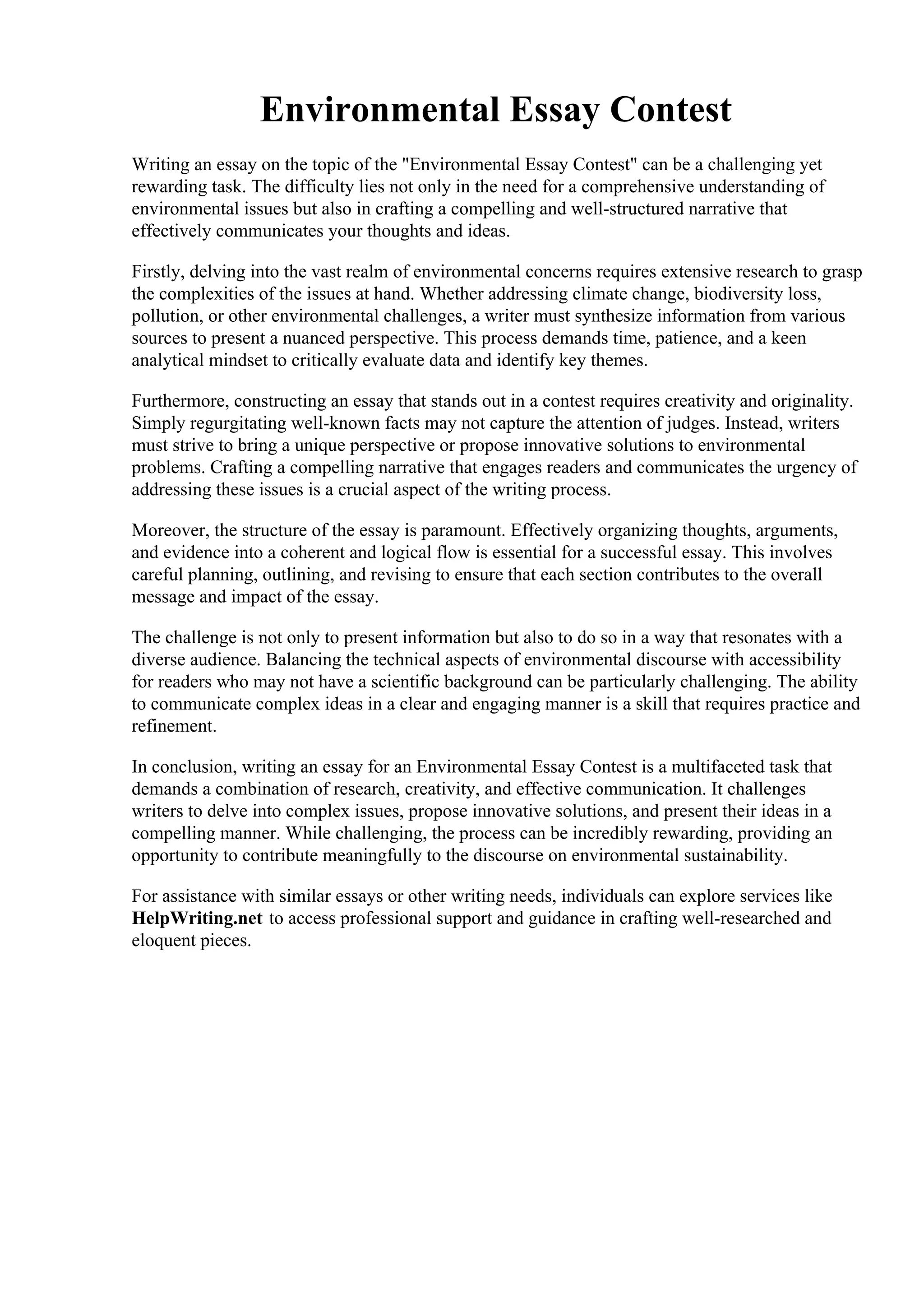 Environmental Essay Contest. Town Launches Environmental Poster Contest ...