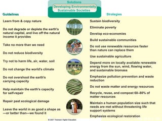 Fig. 26-6, p. 622 Solutions Developing Environmentally Sustainable Societies  Guidelines  Strategies  Learn from & copy nature Sustain biodiversity Eliminate poverty Do not degrade or deplete the earth's natural capital, and live off the natural income it provides Develop eco-economies Build sustainable communities Do not use renewable resources faster than nature can replace them Take no more than we need Do not reduce biodiversity Use sustainable agriculture Depend more on locally available renewable energy from the sun, wind, flowing water, and sustainable biomass Try not to harm life, air, water, soil Emphasize pollution prevention and waste reduction Do not change the world's climate Do not overshoot the earth's carrying capacity Do not waste matter and energy resources Help maintain the earth's capacity for self-repair Recycle, reuse, and compost 60–80% of matter resources Repair past ecological damage Maintain a human population size such that needs are met without threatening life support systems Leave the world in as good a shape as—or better than—we found it Emphasize ecological restoration 