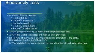 Biodiversity Loss
• At threat of extinction are
• 1 out of 8 birds
• 1 out of 4 mammals
• 1 out of 4 conifers
• 1 out of 3 amphibians
• 6 out of 7 marine turtles
• 75% of genetic diversity of agricultural crops has been lost
• 75% of the world’s fisheries are fully or over exploited
• Up to 70% of the world’s known species risk extinction if the global
temperatures rise by more than 3.5°C
• 1/3rd of reef-building corals around the world are threatened with extinction
 