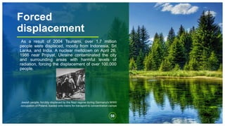 Forced
displacement
As a result of 2004 Tsunami, over 1.7 million
people were displaced, mostly from Indonesia, Sri
Lanka, and India. A nuclear meltdown on April 26,
1986 near Pripyat, Ukraine contaminated the city
and surrounding areas with harmful levels of
radiation, forcing the displacement of over 100,000
people.
58
Jewish people, forcibly displaced by the Nazi regime during Germany's WWII
occupation of Poland, loaded onto trains for transport to concentration camps
 