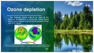 Ozone depletion
The Antarctic ozone hole is an area of the
Antarctic stratosphere in which the recent ozone
levels have dropped to as low as 33 percent of their
pre-1975 values.
64
Ozone hole in North America during 1984 (abnormally warm, reducing ozone depletion)
and 1997 (abnormally cold, resulting in increased seasonal depletion). Source: NASA
 
