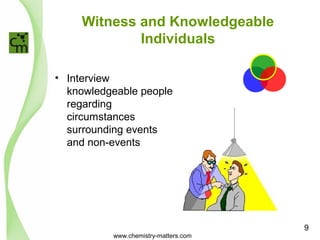 Witness and Knowledgeable 
Individuals 
• Interview 
knowledgeable people 
regarding 
circumstances 
surrounding events 
and non-events 
www.chemistry-matters.com 
9 
 