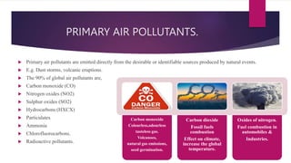 PRIMARY AIR POLLUTANTS.
 Primary air pollutants are emitted directly from the desirable or identifiable sources produced by natural events.
 E.g. Dust storms, volcanic eruptions.
 The 90% of global air pollutants are,
 Carbon monoxide (CO)
 Nitrogen oxides (NO2)
 Sulphur oxides (SO2)
 Hydrocarbons (HXCX)
 Particulates
 Ammonia
 Chlorofluorocarbons.
 Radioactive pollutants.
Carbon monoxide
Colourless,odourless
tasteless gas.
Volcanoes,
natural gas emissions,
seed germination.
Carbon dioxide
Fossil fuels
combustion
Effect on climate,
increase the global
temperature.
Oxides of nitrogen.
Fuel combustion in
automobiles &
Industries.
 