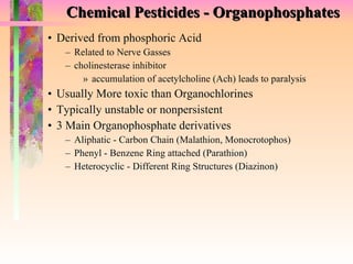 Chemical Pesticides - Organophosphates Derived from phosphoric Acid Related to Nerve Gasses cholinesterase inhibitor accumulation of acetylcholine (Ach) leads to paralysis Usually More toxic than Organochlorines Typically unstable or nonpersistent 3 Main Organophosphate derivatives Aliphatic - Carbon Chain (Malathion, Monocrotophos) Phenyl - Benzene Ring attached (Parathion) Heterocyclic - Different Ring Structures (Diazinon) 