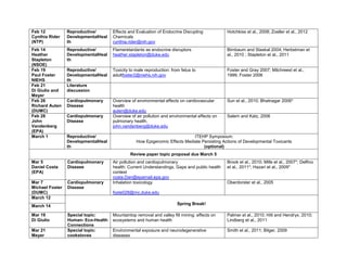 Feb 12           Reproductive/       Effects and Evaluation of Endocrine Disrupting           Hotchkiss et al., 2008; Zoeller et al., 2012
Cynthia Rider    DevelopmentalHeal   Chemicals
(NTP)            th                  cynthia.rider@nih.gov
Feb 14           Reproductive/       Flameretardants as endocrine disruptors                  Birnbaum and Staskal 2004; Herbstman et
Heather          DevelopmentalHeal   heather.stapleton@duke.edu                               al., 2010 ; Stapleton et al., 2011
Stapleton        th
(NSOE)
Feb 19           Reproductive/       Toxicity to male reproduction: from fetus to             Foster and Gray 2007; Milchreest et al.,
Paul Foster      DevelopmentalHeal   adultfoster2@niehs.nih.gov                               1999; Foster 2006
NIEHS            th
Feb 21           Literature
Di Giulio and    discussion
Meyer
Feb 26           Cardiopulmonary     Overview of environmental effects on cardiovascular      Sun et al., 2010; Bhatnagar 2006*
Richard Auten    Disease             health
(DUMC)                               auten@duke.edu
Feb 28           Cardiopulmonary     Overview of air pollution and environmental effects on   Salem and Katz, 2006
John             Disease             pulmonary health.
Vandenberg                           john.vandenberg@duke.edu
(EPA)
March 1          Reproductive/                                              ITEHP Symposium:
                 DevelopmentalHeal               How Epigenomic Effects Mediate Persisting Actions of Developmental Toxicants
                 th                                                              (optional)
                                              Review paper topic proposal due March 5
Mar 5            Cardiopulmonary     Air pollution and cardiopulmonary                        Brook et al., 2010; Mills et al., 2007*; Delfino
Daniel Costa     Disease             health: Current Understandings, Gaps and public health   et al., 2011*; Hazari et al., 2009*
(EPA)                                context
                                     costa.Dan@epamail.epa.gov
Mar 7            Cardiopulmonary     Inhalation toxicology                                    Oberdorster et al., 2005
Michael Foster   Disease
(DUMC)                               foste028@mc.duke.edu
March 12
                                                                       Spring Break!
March 14

Mar 19           Special topic:      Mountaintop removal and valley fill mining: effects on   Palmer et al., 2010; Hitt and Hendryx, 2010;
Di Giulio        Human- Eco-Health   ecosystems and human health                              Lindberg et al., 2011
                 Connections
Mar 21           Special topic:      Environmental exposure and neurodegenerative             Smith et al., 2011; Bilger, 2009
Meyer            cookstoves          diseases
 