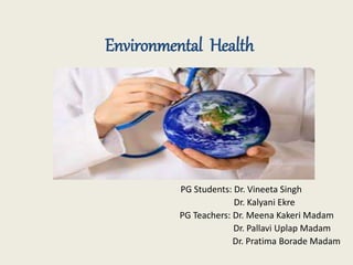 Environmental Health
PG Students: Dr. Vineeta Singh
Dr. Kalyani Ekre
PG Teachers: Dr. Meena Kakeri Madam
Dr. Pallavi Uplap Madam
Dr. Pratima Borade Madam
 