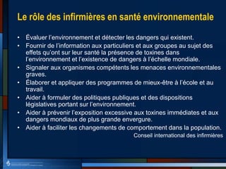 Le rôle des infirmières en santé environnementale
• Évaluer l’environnement et détecter les dangers qui existent.
• Fournir de l’information aux particuliers et aux groupes au sujet des
effets qu’ont sur leur santé la présence de toxines dans
l’environnement et l’existence de dangers à l’échelle mondiale.
• Signaler aux organismes compétents les menaces environnementales
graves.
• Élaborer et appliquer des programmes de mieux-être à l’école et au
travail.
• Aider à formuler des politiques publiques et des dispositions
législatives portant sur l’environnement.
• Aider à prévenir l’exposition excessive aux toxines immédiates et aux
dangers mondiaux de plus grande envergure.
• Aider à faciliter les changements de comportement dans la population.
Conseil international des infirmières
 