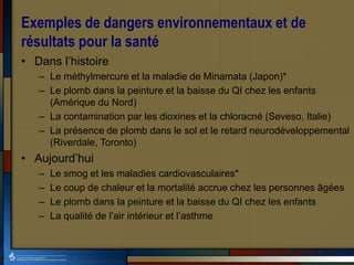 Exemples de dangers environnementaux et de
résultats pour la santé
• Dans l’histoire
– Le méthylmercure et la maladie de Minamata (Japon)*
– Le plomb dans la peinture et la baisse du QI chez les enfants
(Amérique du Nord)
– La contamination par les dioxines et la chloracné (Seveso, Italie)
– La présence de plomb dans le sol et le retard neurodéveloppemental
(Riverdale, Toronto)
• Aujourd’hui
– Le smog et les maladies cardiovasculaires*
– Le coup de chaleur et la mortalité accrue chez les personnes âgées
– Le plomb dans la peinture et la baisse du QI chez les enfants
– La qualité de l’air intérieur et l’asthme
 