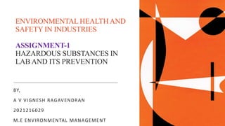 ENVIRONMENTAL HEALTH AND
SAFETY IN INDUSTRIES
ASSIGNMENT-1
HAZARDOUS SUBSTANCES IN
LAB AND ITS PREVENTION
BY,
A V VIGNESH RAGAVENDRAN
2021216029
M.E ENVIRONMENTAL MANAGEMENT
 