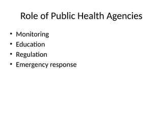 Role of Public Health Agencies
• Monitoring
• Education
• Regulation
• Emergency response
 