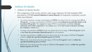 Ambient Air Quality
• Ambient Air Quality Results:
• The comparison of the results with the value range indicators NAAQ standards 2009
provided by CPCB(Central Pollution Control Board) for Industrial, residential, rural &
other area indicates:
• At various locations, average concentration of PM10 was observed to be varying from 101 to
166 µg/m3 . Average concentration of PM10 levels are exceeding the permissible limits at all
locations(100 µg/m3). The reason for higher PM10 concentration would be vehicular
emissions and traffic congestion in the urban areas while fuel wood or biomass burning
for cooking in rural areas.
• Average concentration of PM2.5 levels was observed to be in range of 30 to 50 µg/m3 which
is less than the permissible limits(60 µg/m3) for all locations.
• Average concentration of SO2 levels was observed to be in the range of 12.5 to 17.0 µg/m3
which is within the specified limit(80 µg/m3) of CPCB.
• NOx levels were observed to be in the range of 17.1 to 19.2 µg/m3 which is within the
specified limit(80 µg/m3) of CPCB.
• CO levels were observed in the range of 1.223 to 1.523 mg/m3 which is within the specified
limit(4 mg/m3) of CPCB.
 
