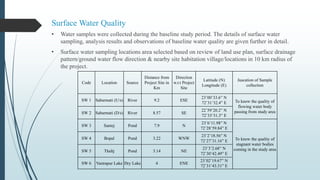 Surface Water Quality
• Water samples were collected during the baseline study period. The details of surface water
sampling, analysis results and observations of baseline water quality are given further in detail.
• Surface water sampling locations area selected based on review of land use plan, surface drainage
pattern/ground water flow direction & nearby site habitation village/locations in 10 km radius of
the project.
Code Location Source
Distance from
Project Site in
Km
Direction
w.r.t Project
Site
Latitude (N)
Longitude (E)
Juscation of Sample
collection
SW 1 Sabarmati (U/s) River 9.2 ESE
23˚00’33.6” N
72˚31’32.4” E To know the quality of
flowing water body
passing from study area
SW 2 Sabarmati (D/s) River 8.57 SE
22˚59’20.2” N
72˚33’31.3” E
SW 3 Santej Pond 7.9 N
23˚6’11.98” N
72˚28’59.84” E
To know the quality of
stagnant water bodies
coming in the study area
SW 4 Bopal Pond 3.22 WNW
23˚2’18.56” N
72˚27’31.16” E
SW 5 Thaltj Pond 3.14 NE
23˚3’2.68” N
72˚30’42.49” E
SW 6 Vastrapur Lake Dry Lake 4 ENE
23˚02’19.67” N
72˚31’43.31” E
 