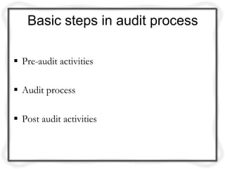 Basic steps in audit process

 Pre-audit activities

 Audit process

 Post audit activities
 