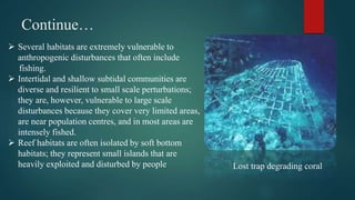 Continue…
 Several habitats are extremely vulnerable to
anthropogenic disturbances that often include
fishing.
 Intertid...