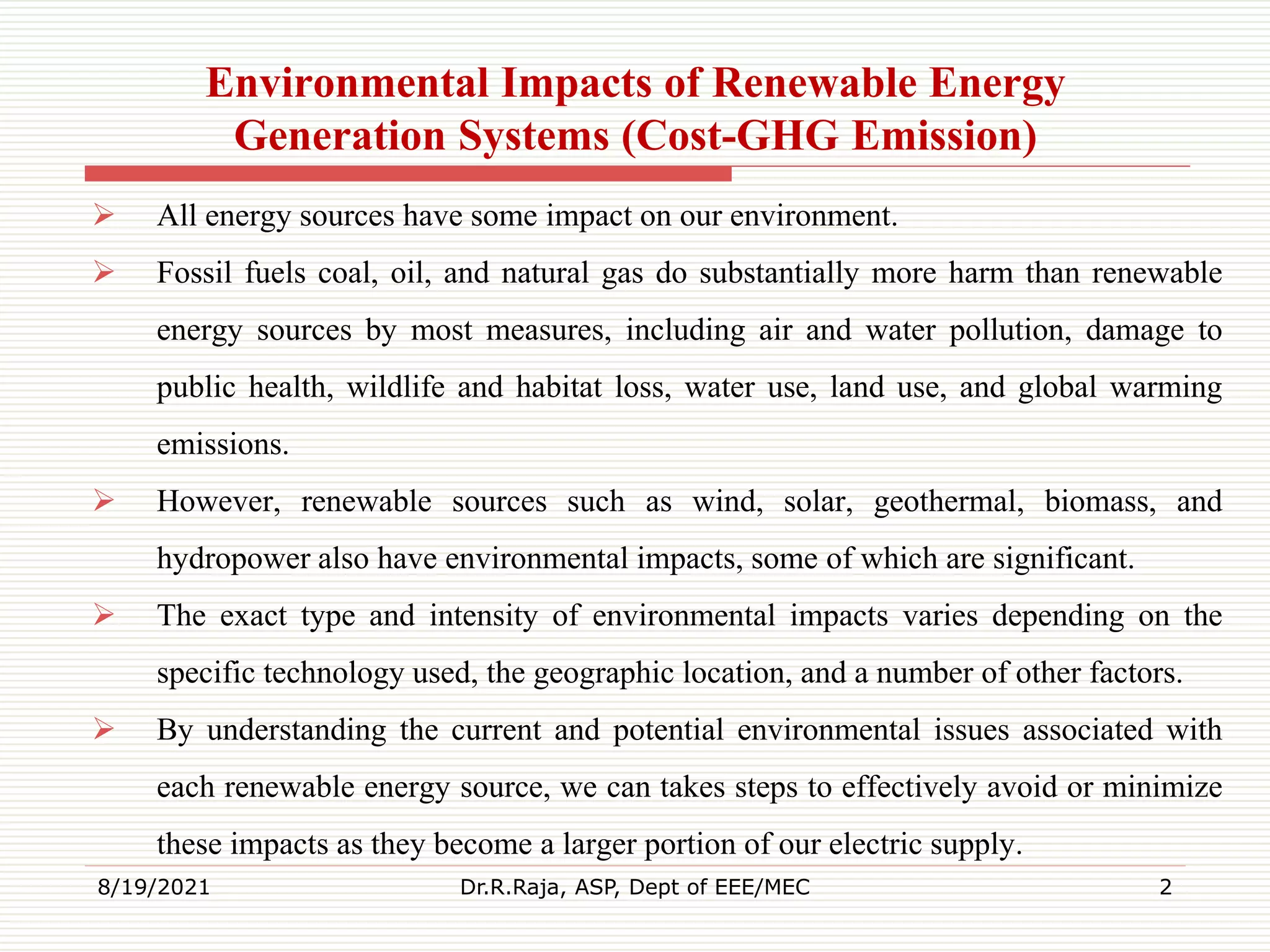 Environmental impacts of renewable energy generation systems (cost ghg ...