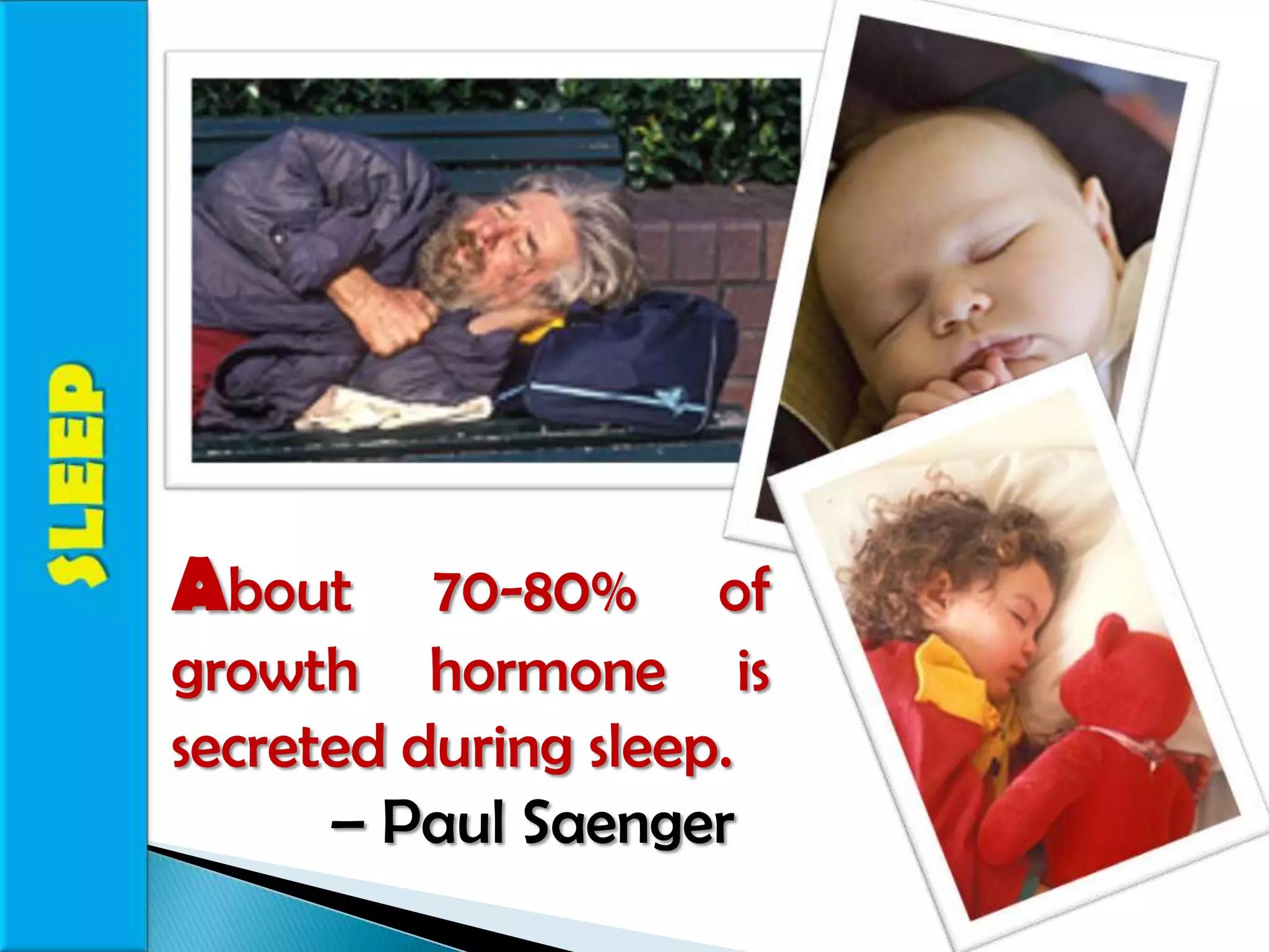 SLEEPAbout 70-80% of growth hormone is secreted during sleep.             – Paul Saenger