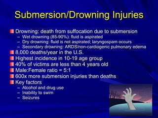 Submersion/Drowning Injuries Drowning: death from suffocation due to submersion Wet drowning (85-90%): fluid is aspirated Dry drowning: fluid is not aspirated; laryngospam occurs Secondary drowning: ARDS/non-cardiogenic pulmonary edema 8,000 deaths/year in the U.S. Highest incidence in 10-19 age group 40% of victims are less than 4 years old Male:Female ratio = 5:1 600x more submersion injuries than deaths Key factors Alcohol and drug use Inability to swim Seizures 