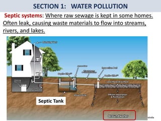 Mr. R.G. Estrella
Septic systems: Where raw sewage is kept in some homes.
Often leak, causing waste materials to flow into streams,
rivers, and lakes.
Septic Tank
 