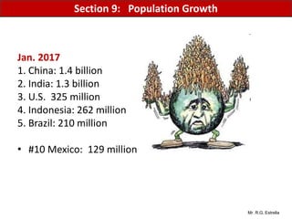 Mr. R.G. Estrella
Jan. 2017
1. China: 1.4 billion
2. India: 1.3 billion
3. U.S. 325 million
4. Indonesia: 262 million
5. Brazil: 210 million
• #10 Mexico: 129 million
Section 9: Population Growth
 