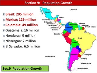 Mr. R.G. Estrella
 Brazil: 205 million
 Mexico: 129 million
 Colombia: 49 million
 Guatemala: 16 million
 Honduras: 9 million
 Nicaragua: 7 million
 El Salvador: 6.5 million
Sec.9 Population Growth
Section 9: Population Growth
 
