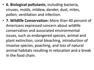 Mr. R.G. Estrella
• 6. Biological pollutants, including bacteria,
viruses, molds, mildew, dander, dust, mites,
pollen, ventilation and infection.
• 7. Wildlife Conservation: More than 40 percent of
Americans expressed concern about wildlife
conservation and associated environmental
issues, such as endangered species, animal and
plant extinction, coral bleaching, introduction of
invasive species, poaching, and loss of natural
animal habitats resulting in relocation and a break
in the food chain.
 