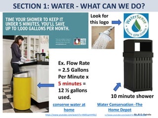 Mr. R.G. Estrella
Ex. Flow Rate
= 2.5 Gallons
Per Minute x
5 minutes =
12 ½ gallons
used.
Look for
this logo
10 minute shower
conserve water at
home
Water Conservation -The
Home Depot
https://www.youtube.com/watch?v=qqqbUSvd06shttps://www.youtube.com/watch?v=4MDLpVHY8LE
 