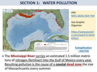 Mr. R.G. Estrella
 The Mississippi River carries an estimated 1.5 million metric
tons of nitrogen (fertilizer) into the Gulf of Mexico every year.
Resulting pollution is the cause of a coastal dead zone the size
of Massachusetts every summer.
HW:
NATL GEOG SICK FISH
Use Graphic
Organizer
https://www.youtub
e.com/watch?v=0JnK
kit5ocI
Eutrophication
- Sick Fish
 