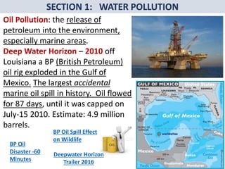 Mr. R.G. Estrella
Oil Pollution: the release of
petroleum into the environment,
especially marine areas.
Deep Water Horizon – 2010 off
Louisiana a BP (British Petroleum)
oil rig exploded in the Gulf of
Mexico. The largest accidental
marine oil spill in history. Oil flowed
for 87 days, until it was capped on
July-15 2010. Estimate: 4.9 million
barrels.
BP Oil Spill Effect
on Wildlife
BP Oil
Disaster -60
Minutes
Deepwater Horizon
Trailer 2016
 
