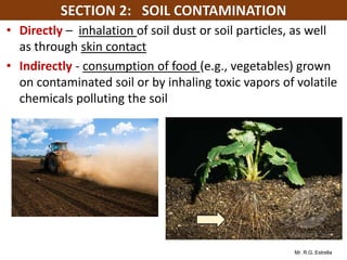 Mr. R.G. Estrella
• Directly – inhalation of soil dust or soil particles, as well
as through skin contact
• Indirectly - consumption of food (e.g., vegetables) grown
on contaminated soil or by inhaling toxic vapors of volatile
chemicals polluting the soil
 