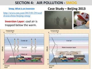 Mr. R.G. Estrella
Case Study – Beijing 2013
http://www.cnn.com/2013/01/29/worl
d/asia/china-beijing-smog/
Smog -What is an Inversion
Inversion Layer: cool air is
trapped below the warm.
 