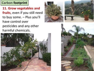 Mr. R.G. Estrella
Carbon footprint
11. Grow vegetables and
fruits, even if you still need
to buy some. – Plus you’ll
have control over
pesticides and any other
harmful chemicals.
 