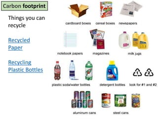 Mr. R.G. Estrella
Carbon footprint
Things you can
recycle
Recycled
Paper
Recycling
Plastic Bottles
 