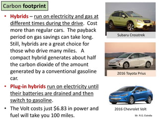 Mr. R.G. Estrella
• Hybrids – run on electricity and gas at
different times during the drive. Cost
more than regular cars. The payback
period on gas savings can take long.
Still, hybrids are a great choice for
those who drive many miles. A
compact hybrid generates about half
the carbon dioxide of the amount
generated by a conventional gasoline
car.
• Plug-in hybrids run on electricity until
their batteries are drained and then
switch to gasoline.
• The Volt costs just $6.83 in power and
fuel will take you 100 miles.
Carbon footprint
2016 Toyota Prius
Subaru Crosstrek
2016 Chevrolet Volt
 