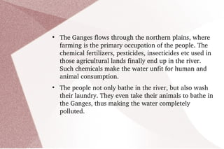 Causes of the Ganges Pollution Sewage from many cities along the river's course, industrial waste and religious offerings wrapped in non-degradable plastics have added large amounts of pollutants to the river as it flows through densely populated areas. The cremated and uncremated dead bodies that are let to flow in the river, as per the Hindu tradition, have also added to the pollution.  The “holy dips” and bathes in the river, too, have added to the pollution. Domestic and industrial wastes, especially from leather factories, are dumped in the river, untreated. 