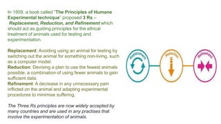 In 1959, a book called “The Principles of Humane
Experimental technique” proposed 3 Rs –
Replacement, Reduction, and Refinement which
should act as guiding principles for the ethical
treatment of animals used for testing and
experimentation.
Replacement: Avoiding using an animal for testing by
switching out the animal for something non-living, such
as a computer model.
Reduction: Devising a plan to use the fewest animals
possible; a combination of using fewer animals to gain
sufficient data.
Refinement: A decrease in any unnecessary pain
inflicted on the animal and adapting experimental
procedures to minimise suffering.
The Three Rs principles are now widely accepted by
many countries and are used in any practises that
involve the experimentation of animals.
 