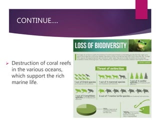 CONTINUE…. 
 Destruction of coral reefs 
in the various oceans, 
which support the rich 
marine life. 
 