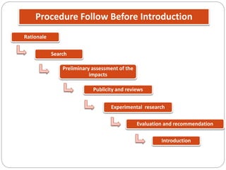 Procedure Follow Before Introduction
Rationale
Search
Preliminary assessment of the
impacts
Publicity and reviews
Experimental research
Evaluation and recommendation
Introduction
 