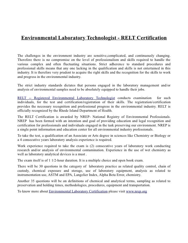 Environmental Laboratory Technologist RELT Certification