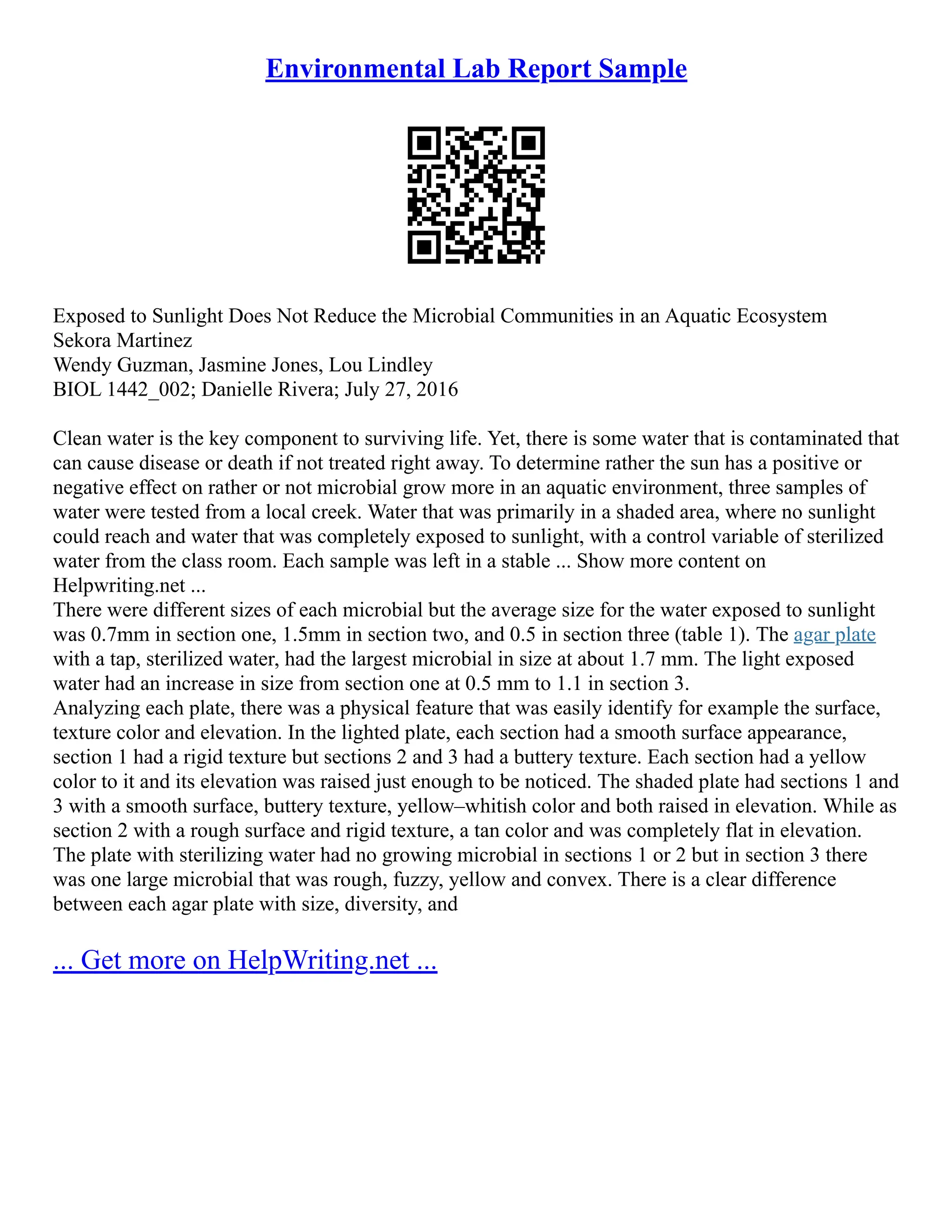 Environmental Lab Report Sample | PDF