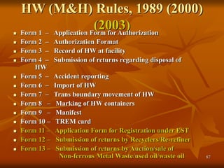 87
HW (M&H) Rules, 1989 (2000)
(2003)
 Form 1 – Application Form for Authorization
 Form 2 – Authorization Format
 Form 3 – Record of HW at facility
 Form 4 – Submission of returns regarding disposal of
HW
 Form 5 – Accident reporting
 Form 6 – Import of HW
 Form 7 – Trans boundary movement of HW
 Form 8 – Marking of HW containers
 Form 9 – Manifest
 Form 10 – TREM card
 Form 11 – Application Form for Registration under EST
 Form 12 – Submission of returns by Recyclers/Re-refiner
 Form 13 – Submission of returns by Auction/sale of
Non-ferrous Metal Waste/used oil/waste oil
 