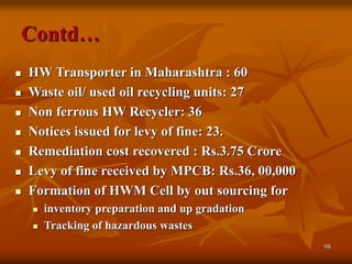 98
Contd…
 HW Transporter in Maharashtra : 60
 Waste oil/ used oil recycling units: 27
 Non ferrous HW Recycler: 36
 Notices issued for levy of fine: 23.
 Remediation cost recovered : Rs.3.75 Crore
 Levy of fine received by MPCB: Rs.36, 00,000
 Formation of HWM Cell by out sourcing for
 inventory preparation and up gradation
 Tracking of hazardous wastes
 