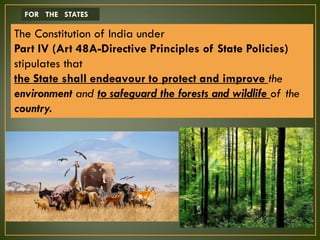 The Constitution of India under
Part IV (Art 48A-Directive Principles of State Policies)
stipulates that
the State shall endeavour to protect and improve the
environment and to safeguard the forests and wildlife of the
country.
FOR THE STATES
 