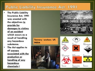 • The Public Liability
Insurance Act, 1991
was enacted with
the objectives to
provide for
damages to victims
of an accident
which occurs as a
result of handling
any hazardous
substance.
• The Act applies to
all owners
associated with the
production or
handling of any
hazardous
chemicals.)
Tannery workers UP,
INDIA
 