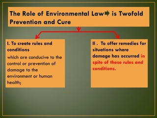 I. To create rules and
conditions
which are conducive to the
control or prevention of
damage to the
environment or human
health;
II . To offer remedies for
situations where
damage has occurred in
spite of these rules and
conditions.
 