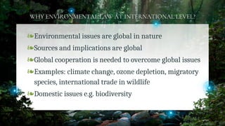 WHY ENVIRONMENTAL LAW AT INTERNATIONAL LEVEL?
❧Environmental issues are global in nature
❧Sources and implications are global
❧Global cooperation is needed to overcome global issues
❧Examples: climate change, ozone depletion, migratory
species, international trade in wildlife
❧Domestic issues e.g. biodiversity
3
 