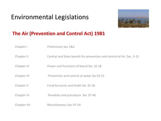Environmental Legislations

The Air (Prevention and Control Act) 1981

 Chapter I     Preliminary Sec 1&2

 Chapter II    Central and State boards for prevention and control of Air. Sec. 3-15

 Chapter III   Power and functions of board Sec 16-18

 Chapter IV    Prevention and control of water Sec19-31

 Chapter V     Fund Accounts and Audit Sec 32-36

 Chapter VI    Penalties and procedure Sec 37-46

 Chapter VII   Miscellaneous Sec 47-54
 